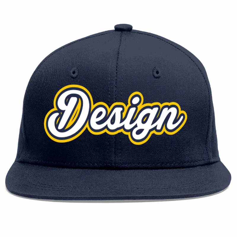 Personalized Embroidered Baseball Cap-Custom Navy White-Navy Flat Eaves Sport Baseball Cap Design for Men/Women/Youth