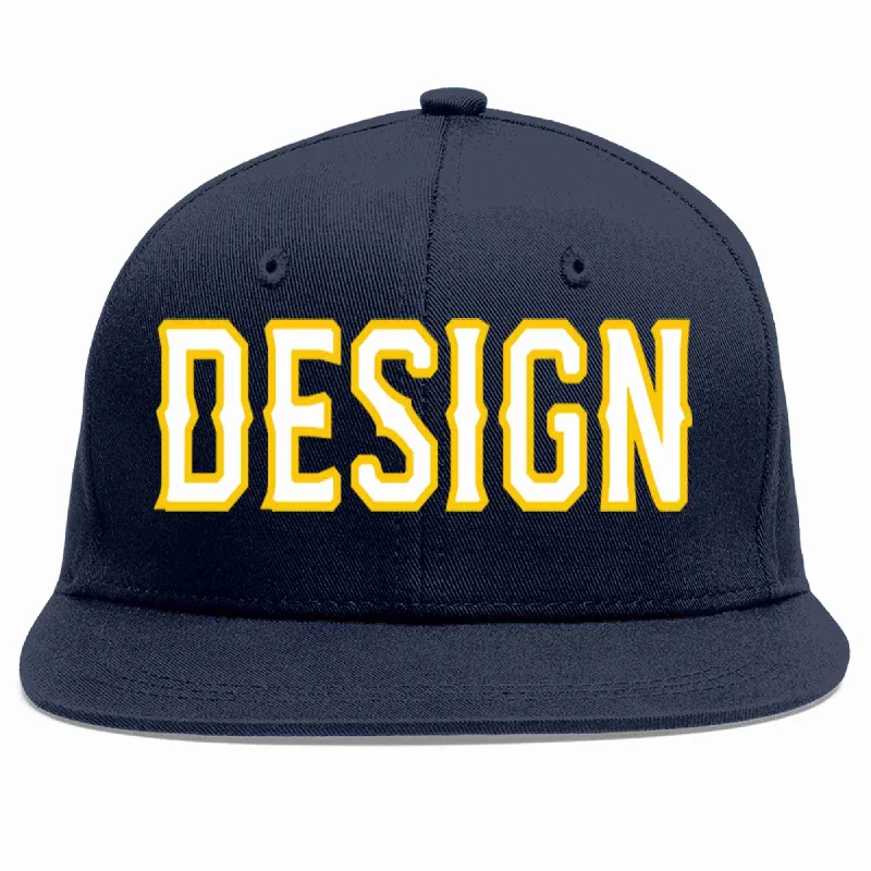 Baseball Cap For Birthday Gifts-Custom Navy White-Gold Flat Eaves Sport Baseball Cap Design for Men/Women/Youth