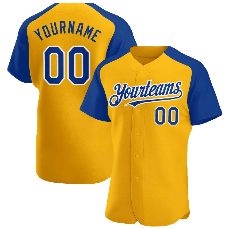 Baseball Jersey With Zippered Pockets-Custom Gold Royal-White Authentic Raglan Sleeves Baseball Jersey