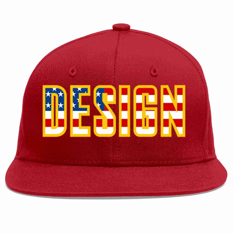 Baseball Cap With Mesh Panels-Custom Red Vintage USA Flag-Gold Flat Eaves Sport Baseball Cap Design for Men/Women/Youth