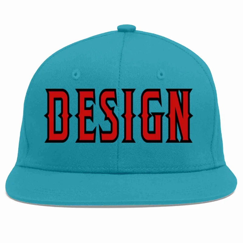 Baseball Cap With Custom Logo-Custom Aqua Red-Black Flat Eaves Sport Baseball Cap Design for Men/Women/Youth