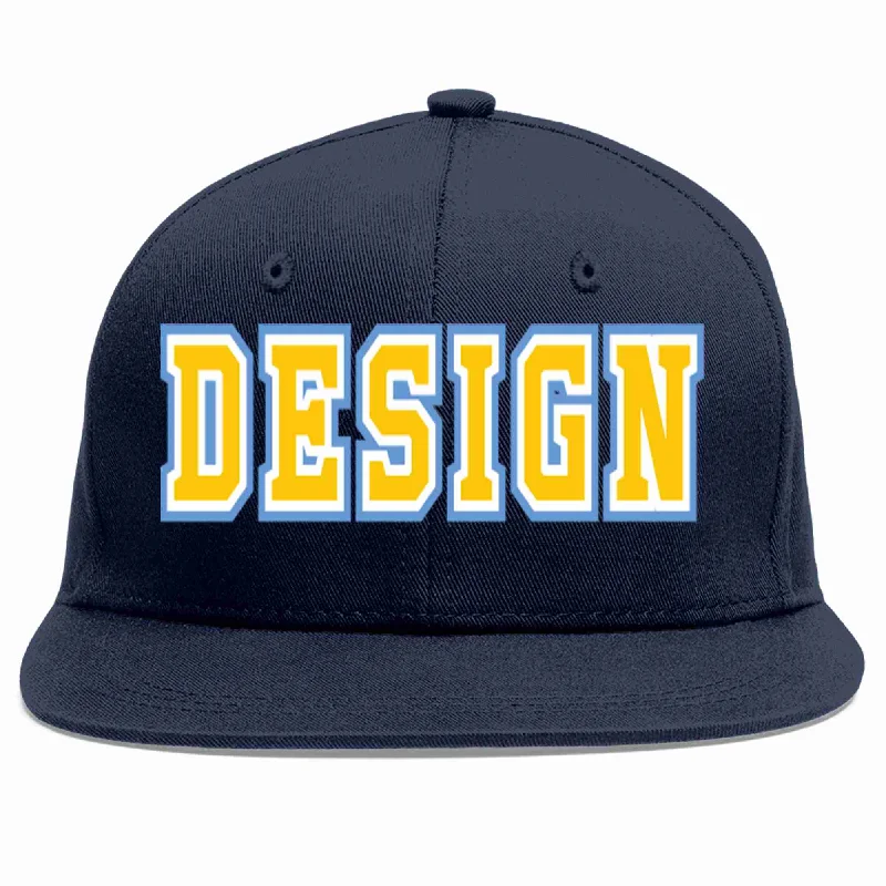 Baseball Cap With Team Branding-Custom Navy Gold-White Flat Eaves Sport Baseball Cap Design for Men/Women/Youth