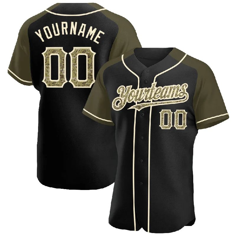 Baseball Jersey For Promotional Campaigns-Custom Black Camo Olive-Cream Authentic Raglan Sleeves Baseball Jersey