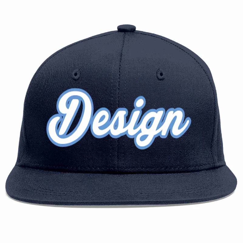 Baseball Cap With Custom Text-Custom Navy White-Light Blue Flat Eaves Sport Baseball Cap Design for Men/Women/Youth