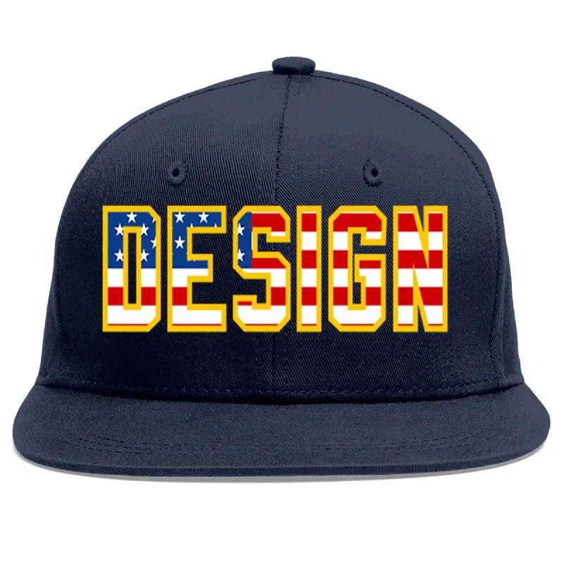 Baseball Cap For Corporate Branding-Custom Navy Vintage USA Flag-Gold Flat Eaves Sport Baseball Cap Design for Men/Women/Youth