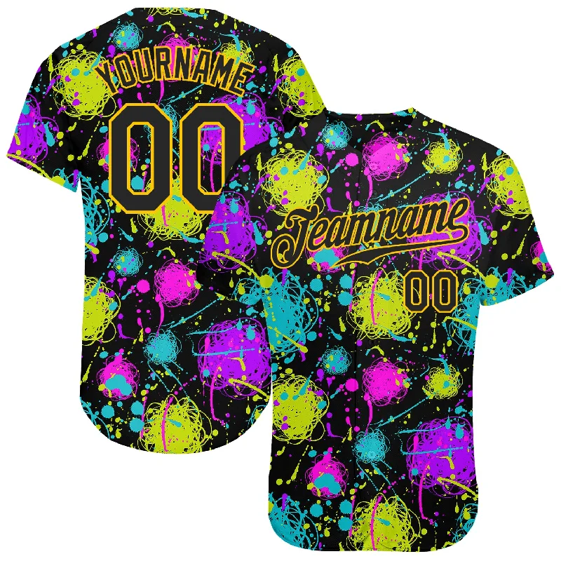 Baseball Jersey For Baseball Fan Clubs-Custom Graffiti Pattern Black-Gold 3D Neon Splatter Authentic Baseball Jersey