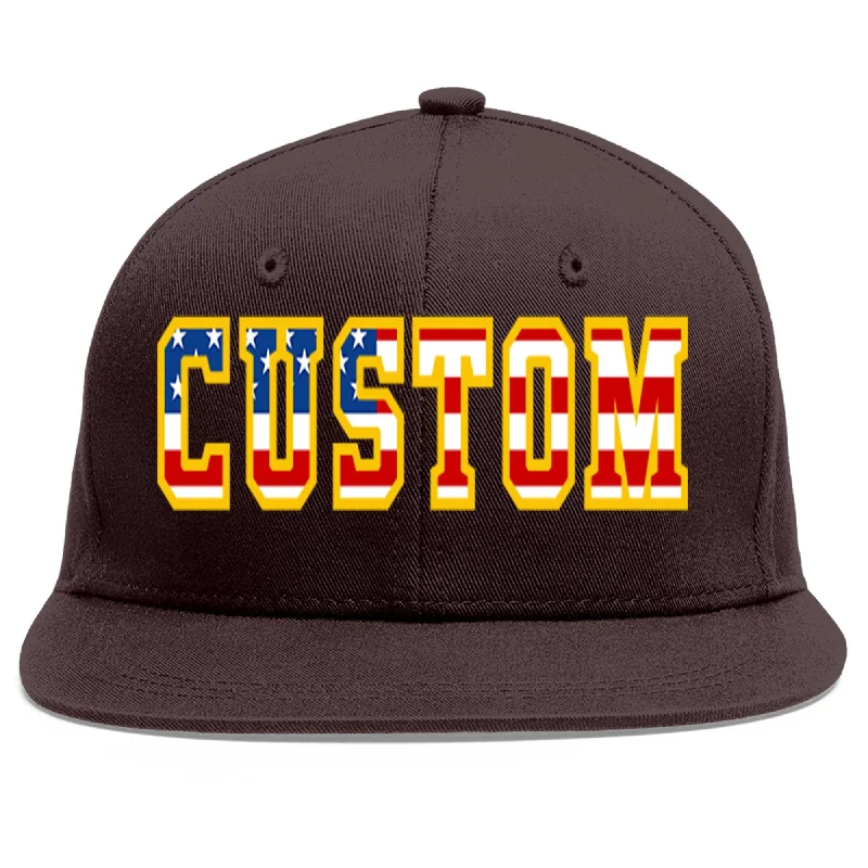 Baseball Cap With Comfort Fit-Custom Brown Vintage USA Flag-Gold Flat Eaves Sport Baseball Cap