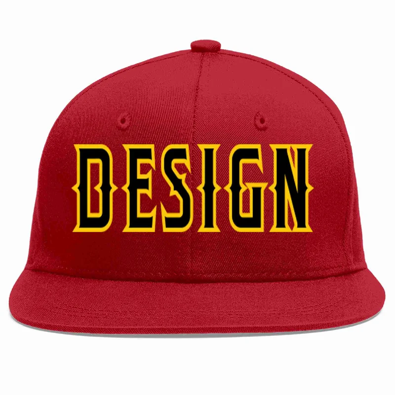 Baseball Cap With Signature Designs-Custom Red Black-Gold Flat Eaves Sport Baseball Cap Design for Men/Women/Youth