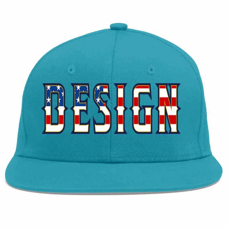 Baseball Cap With Custom Team Colors-Custom Aqua Vintage USA Flag-Gold Flat Eaves Sport Baseball Cap Design for Men/Women/Youth