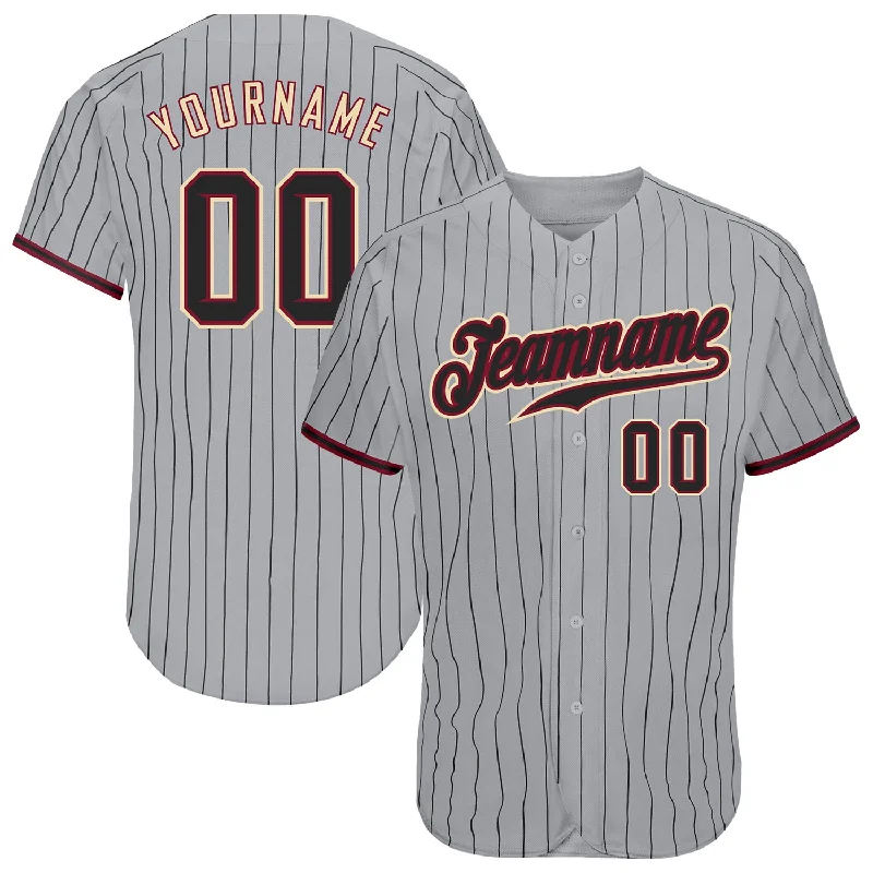 Baseball Jersey With Long Sleeve Style-Custom Gray Black Pinstripe Black-Crimson Authentic Baseball Jersey