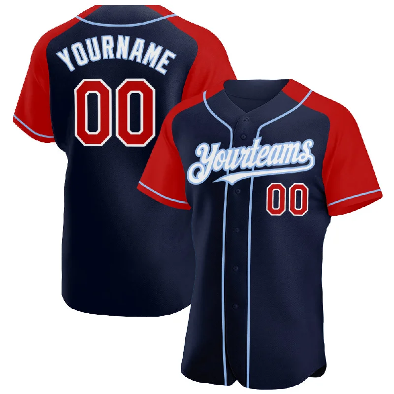 Baseball Jersey For Sports Clubs-Custom Navy Red-Light Blue Authentic Raglan Sleeves Baseball Jersey