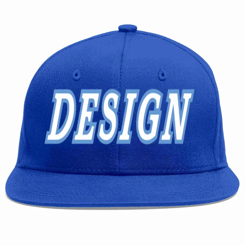 Baseball Cap For Custom Clothing-Custom Royal White-Light Blue Flat Eaves Sport Baseball Cap Design for Men/Women/Youth