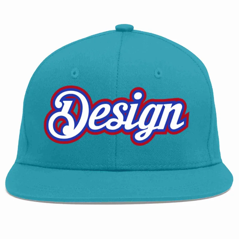 Baseball Cap For Music Fans-Custom Aqua White-Royal Flat Eaves Sport Baseball Cap Design for Men/Women/Youth