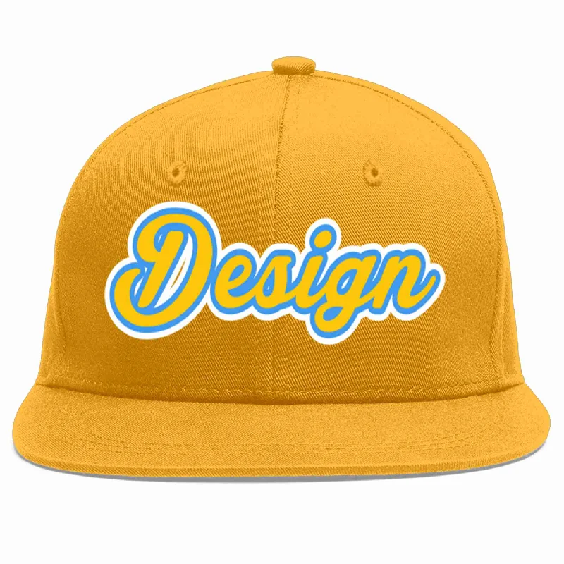 Baseball Cap For Kids-Custom Gold Gold-Powder Blue Flat Eaves Sport Baseball Cap Design for Men/Women/Youth