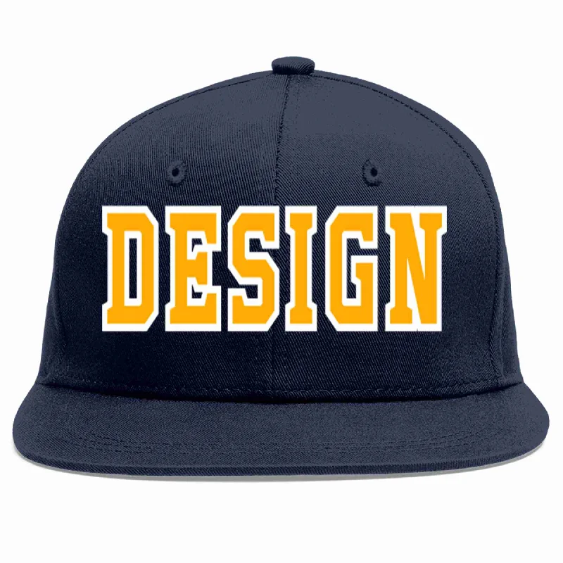 Baseball Cap For Sports Enthusiasts-Custom Navy Yellow-White Flat Eaves Sport Baseball Cap Design for Men/Women/Youth