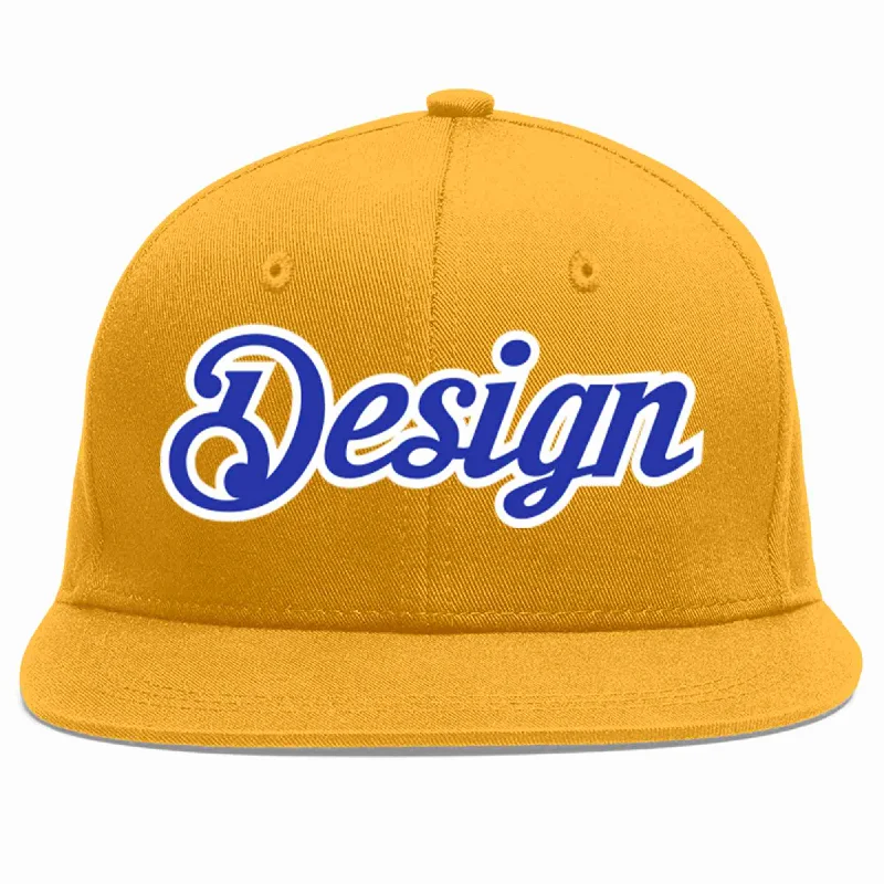 Baseball Cap For Custom Apparel Designs-Custom Gold Royal-White Flat Eaves Sport Baseball Cap Design for Men/Women/Youth