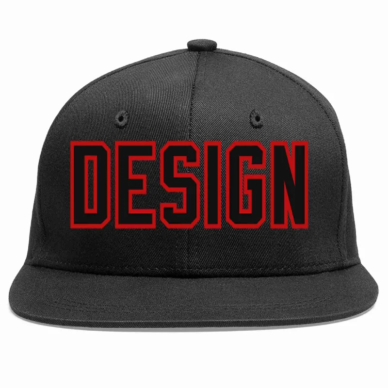 Baseball Cap With Mesh Panels-Custom Black Black-Red Flat Eaves Sport Baseball Cap Design for Men/Women/Youth