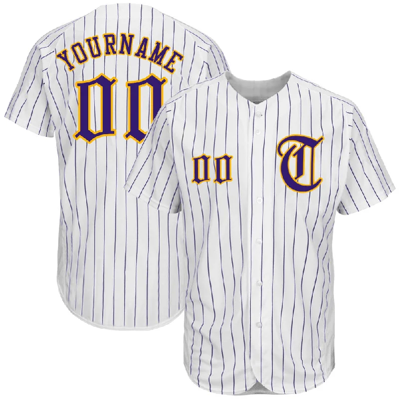 Baseball Jersey With Embroidered Team Logos-Custom White Purple Pinstripe Purple-Gold Authentic Baseball Jersey