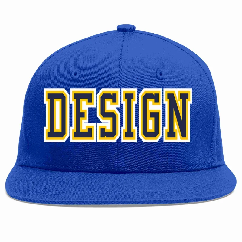 Baseball Cap For College Teams-Custom Royal Navy-Gold Flat Eaves Sport Baseball Cap Design for Men/Women/Youth