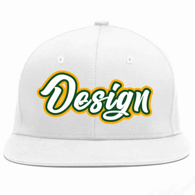 Baseball Cap With Signature Designs-Custom White White-Kelly Green Flat Eaves Sport Baseball Cap Design for Men/Women/Youth