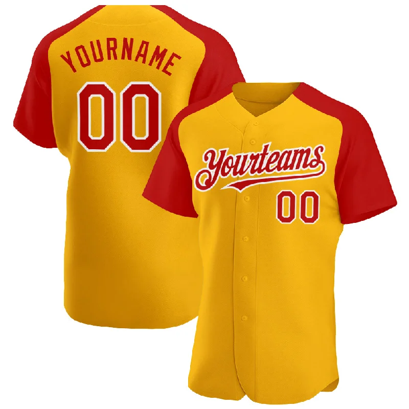 Baseball Jersey For Baseball Uniforms-Custom Gold Red-White Authentic Raglan Sleeves Baseball Jersey