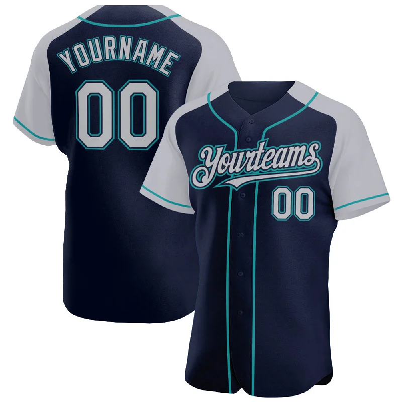 Baseball Jersey With Short Sleeve Style-Custom Navy Gray-Teal Authentic Raglan Sleeves Baseball Jersey