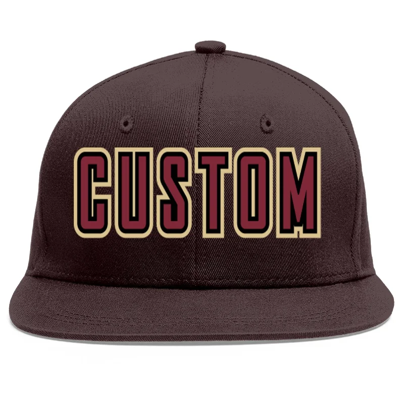 Custom Printed Baseball Cap-Custom Brown Crimson-Black Flat Eaves Sport Baseball Cap