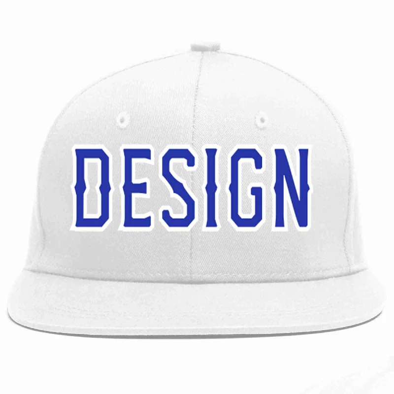 Baseball Cap With Custom Number-Custom White Royal-White Flat Eaves Sport Baseball Cap Design for Men/Women/Youth