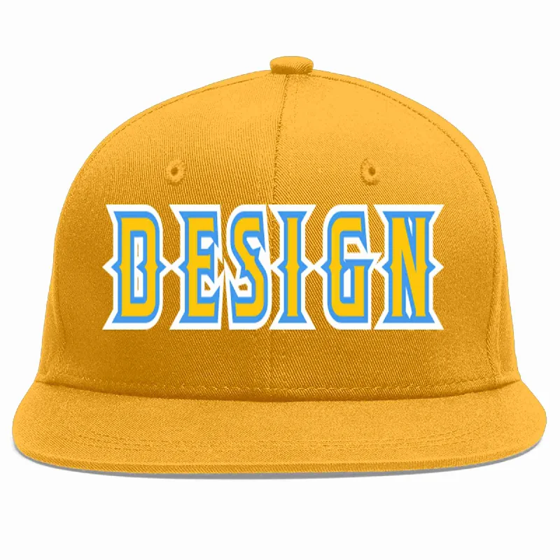 Baseball Cap For Sports Fans-Custom Gold Gold-Powder Blue Flat Eaves Sport Baseball Cap Design for Men/Women/Youth