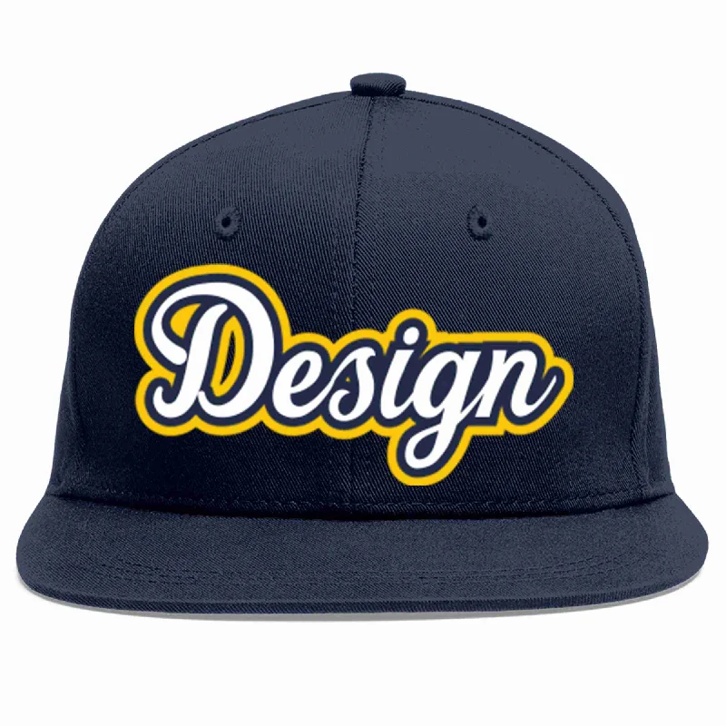 Baseball Cap With Custom Artwork Designs-Custom Navy White-Navy Flat Eaves Sport Baseball Cap Design for Men/Women/Youth