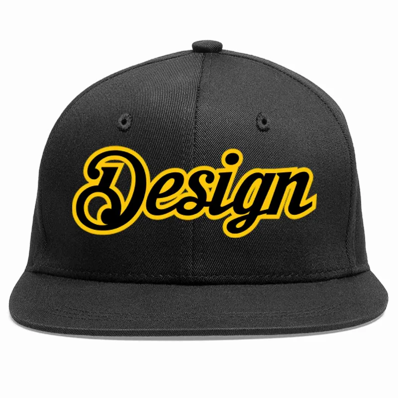 Baseball Cap With Player Number-Custom Black Black-Gold Flat Eaves Sport Baseball Cap Design for Men/Women/Youth