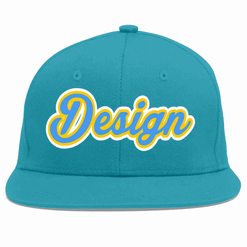 Baseball Cap With Patch-Custom Aqua Powder Blue-Gold Flat Eaves Sport Baseball Cap Design for Men/Women/Youth