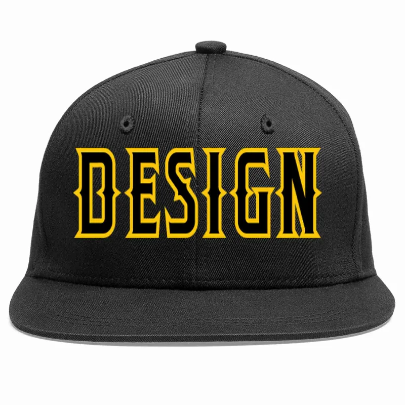 Baseball Cap With Custom Text-Custom Black Black-Gold Flat Eaves Sport Baseball Cap Design for Men/Women/Youth