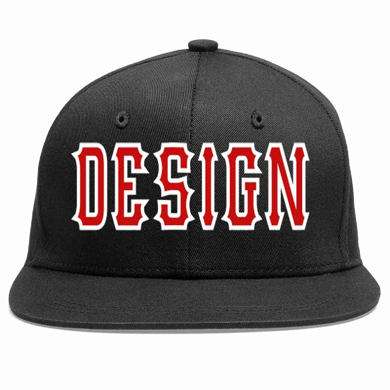 Baseball Cap With Signature Designs-Custom Black Red-White Flat Eaves Sport Baseball Cap Design for Men/Women/Youth