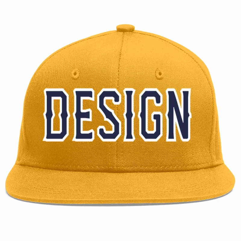 Baseball Cap For Promotional Campaigns-Custom Gold Navy-White Flat Eaves Sport Baseball Cap Design for Men/Women/Youth