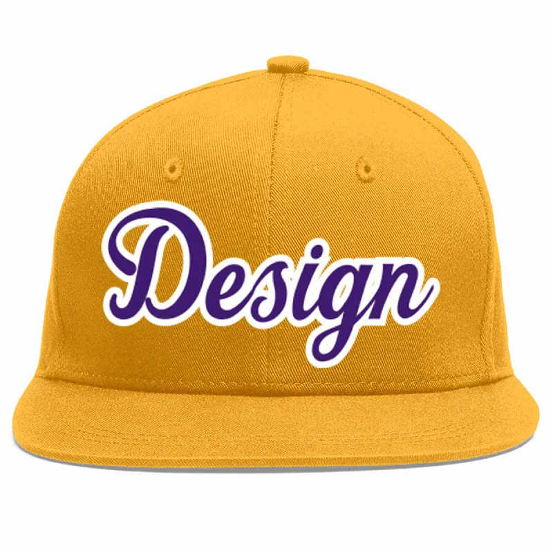 Baseball Cap For Tailgating Parties-Custom Gold purple-White Flat Eaves Sport Baseball Cap Design for Men/Women/Youth