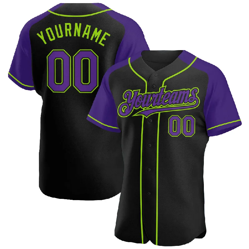 Baseball Jersey For Exclusive Baseball Club Apparel-Custom Black Purple-Neon Green Authentic Raglan Sleeves Baseball Jersey