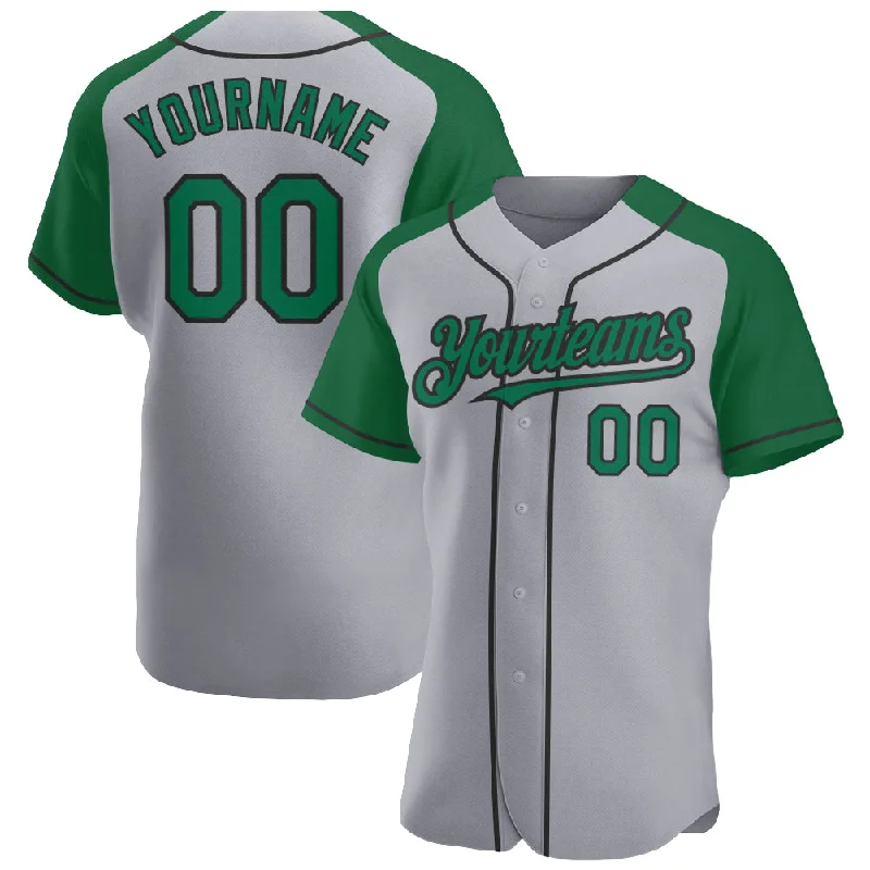 Baseball Jersey For Sports Clubs-Custom Gray Kelly Green-Black Authentic Raglan Sleeves Baseball Jersey