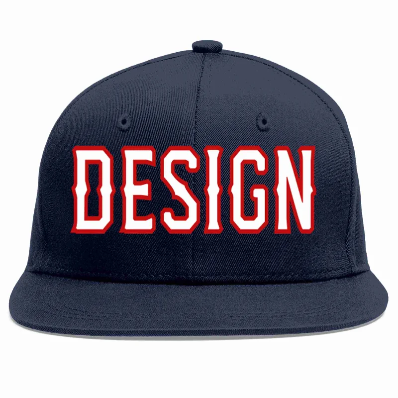 Baseball Cap For Fishing Enthusiasts-Custom Navy White-Red Flat Eaves Sport Baseball Cap Design for Men/Women/Youth