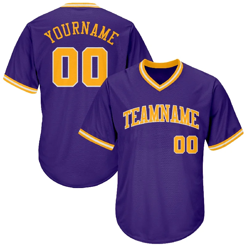 Baseball Jersey With Adjustable Sleeves-Custom Purple Gold-White Authentic Throwback Rib-Knit Baseball Jersey Shirt