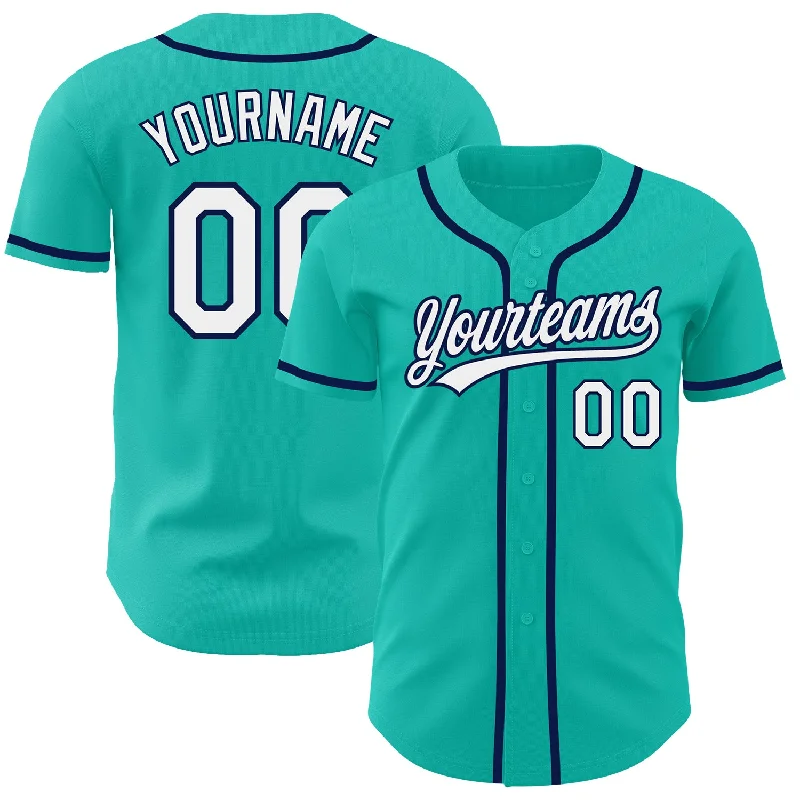 Baseball Jersey With Iconic Logo-Custom Aqua White-Navy Authentic Baseball Jersey