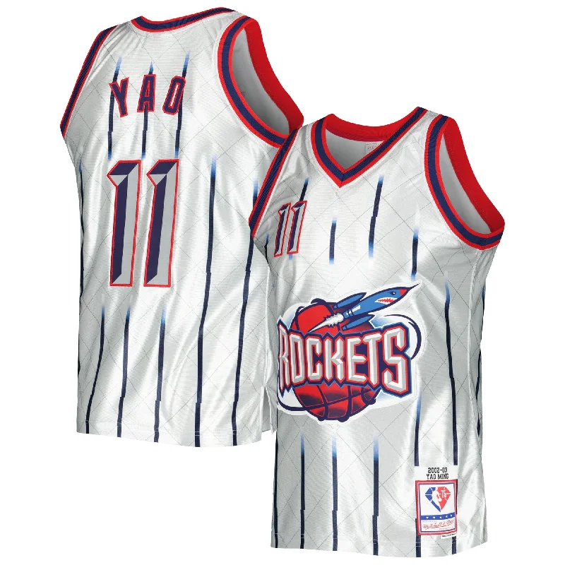 Basketball Jersey For Team Recognition-Yao Ming Houston Rockets 2002/03 Hardwood Classics 75th Anniversary Swingman Basketball Jersey - Platinum