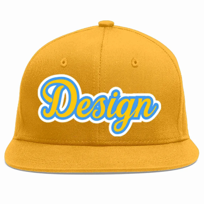 Baseball Cap With Embroidered Graphics-Custom Gold Gold-Powder Blue Flat Eaves Sport Baseball Cap Design for Men/Women/Youth