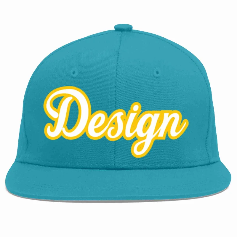 Baseball Cap For Family Orders-Custom Aqua White-Gold Flat Eaves Sport Baseball Cap Design for Men/Women/Youth