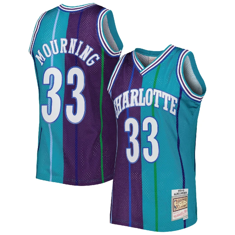 Basketball Jersey With Moisture-Wicking Fabric-Alonzo Mourning Charlotte Hornets Hardwood Classics 1992/93 Split Swingman Basketball Jersey - Teal/purple