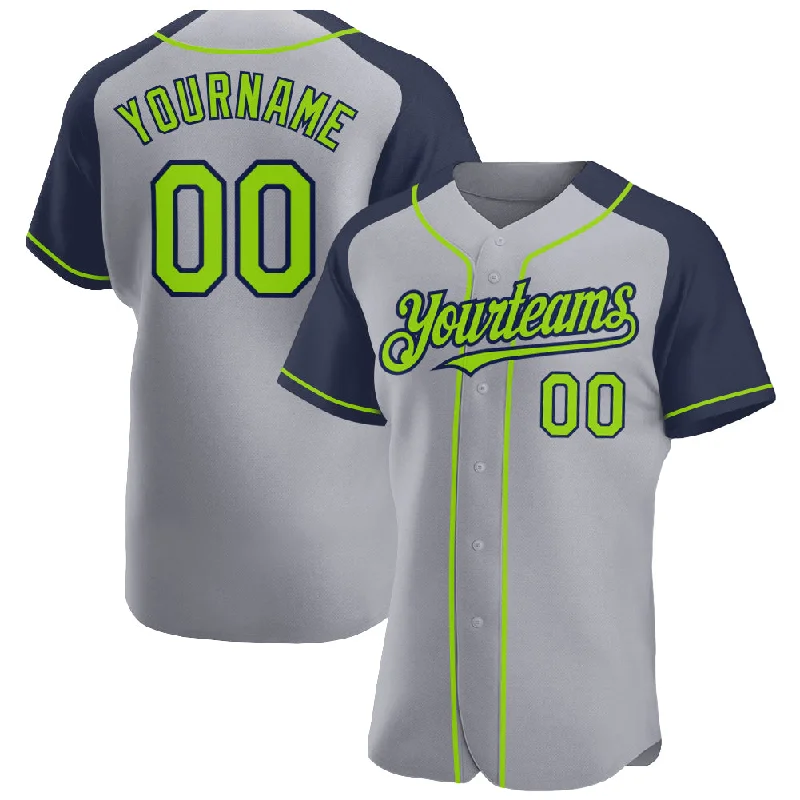 Baseball Jersey For Regional Teams-Custom Gray Neon Green-Navy Authentic Raglan Sleeves Baseball Jersey