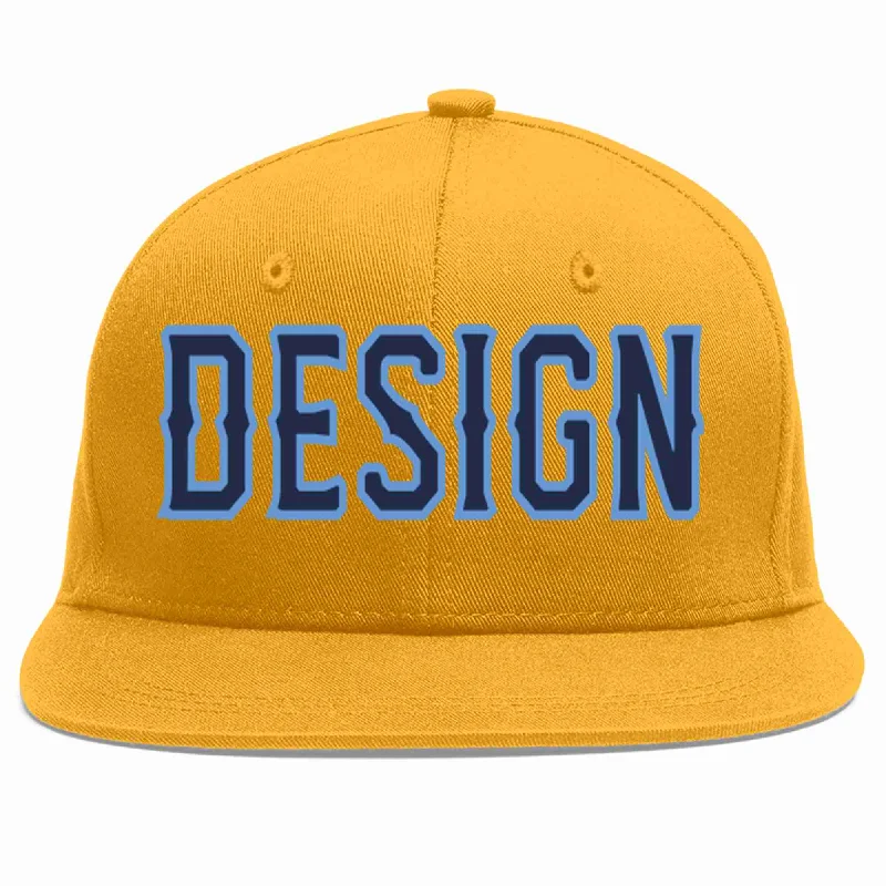 Baseball Cap For Soccer Fans-Custom Gold Navy-Light Blue Flat Eaves Sport Baseball Cap Design for Men/Women/Youth