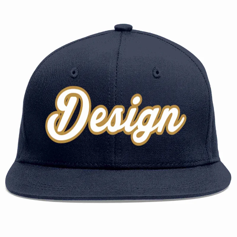 Baseball Cap With Custom Patch-Custom Navy White-Old Gold Flat Eaves Sport Baseball Cap Design for Men/Women/Youth