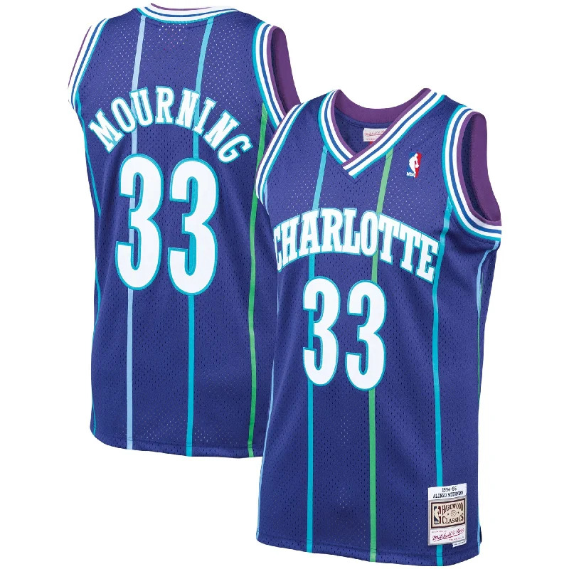 Basketball Jersey With Special Logo Design-Alonzo Mourning Charlotte Hornets 1994/95 Hardwood Classics Swingman Basketball Jersey - Purple