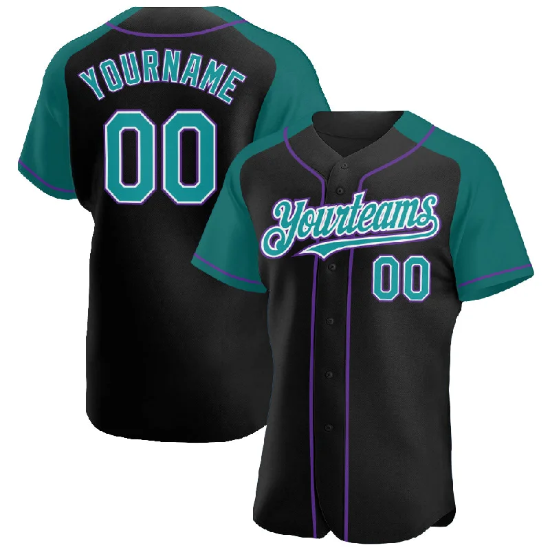 Baseball Jersey With Dye-Sublimation Printing-Custom Black Teal-Purple Authentic Raglan Sleeves Baseball Jersey